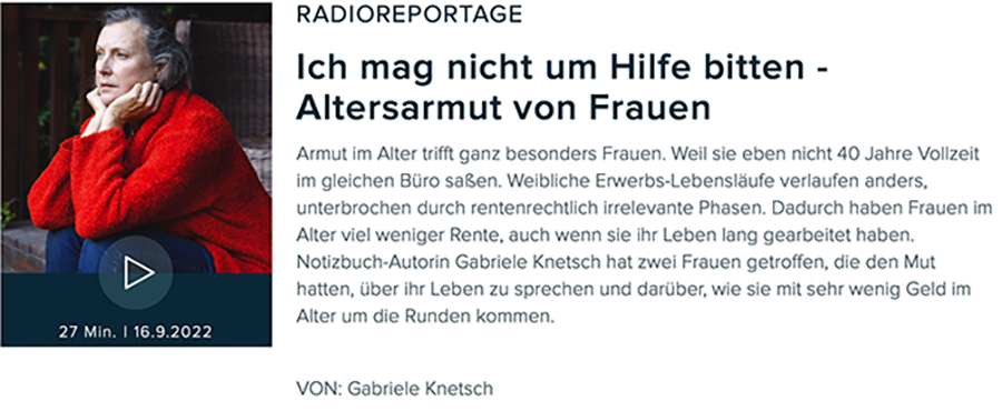 Aufmacher der Radiosendung mit einer Frau im mittleren Alter den Kopf auf Hände gestützt nach links schauend